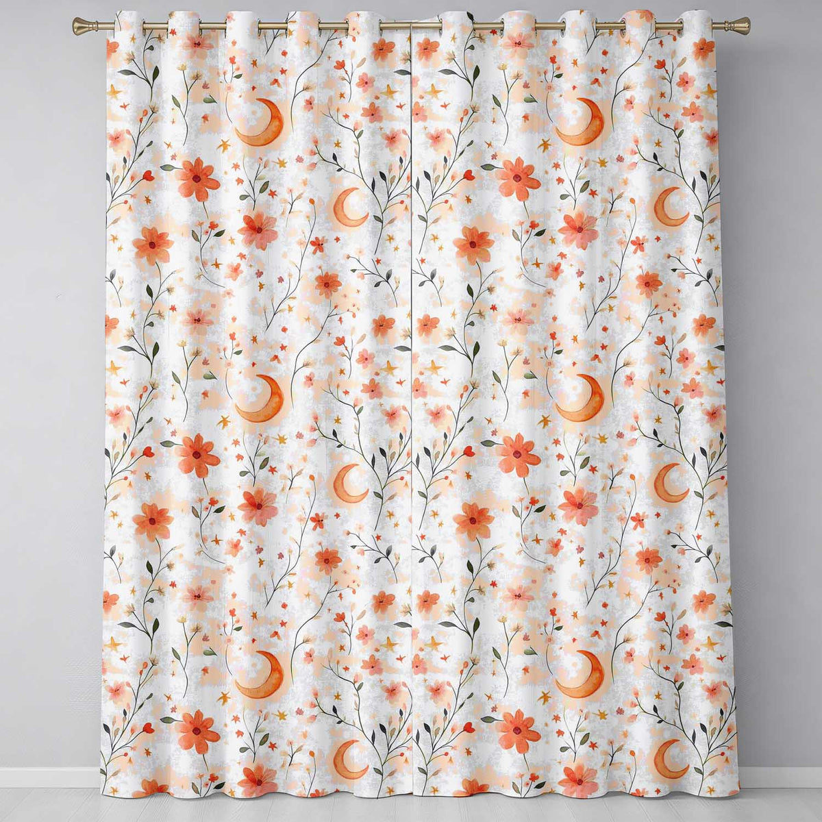 Celestial Moon Floral Night Sky   Watercolour  Readymade Eyelet Ring Top Thermal 100% Blackout Curtains