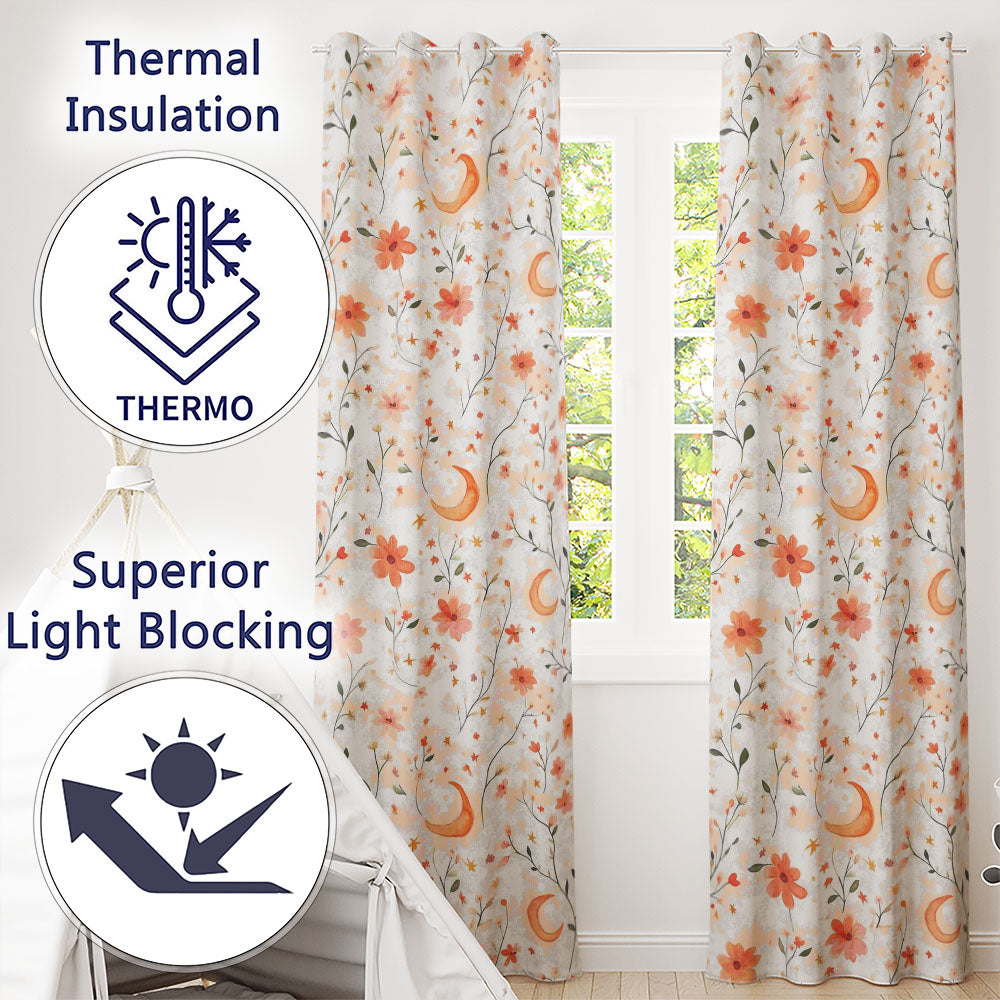 Celestial Moon Floral Night Sky   Watercolour  Readymade Eyelet Ring Top Thermal 100% Blackout Curtains