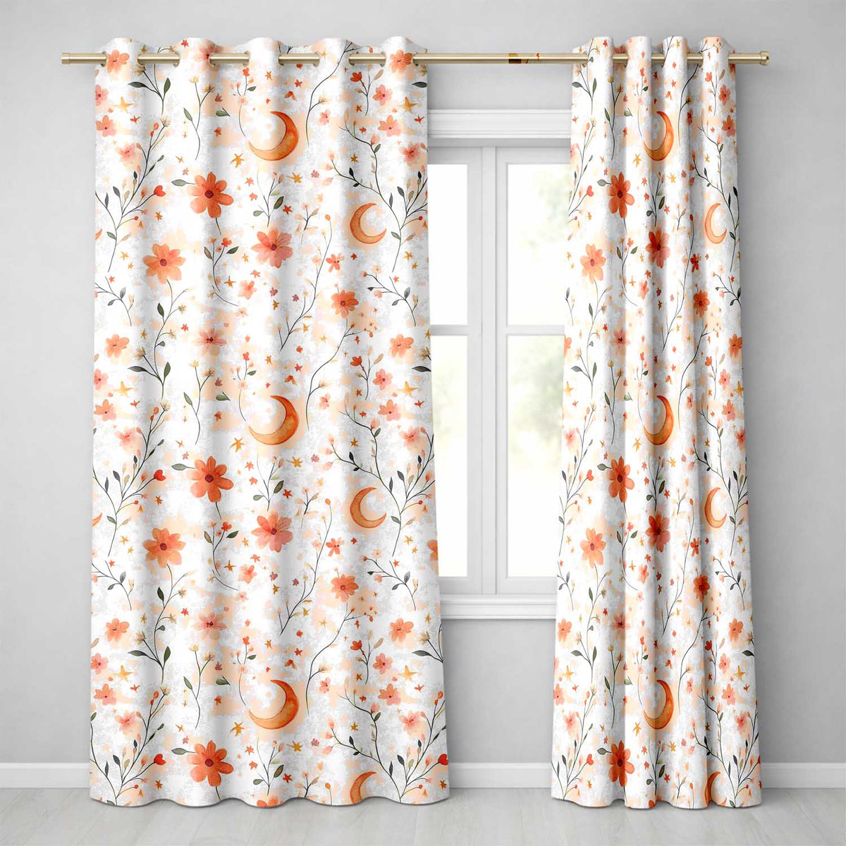 Celestial Moon Floral Night Sky   Watercolour  Readymade Eyelet Ring Top Thermal 100% Blackout Curtains