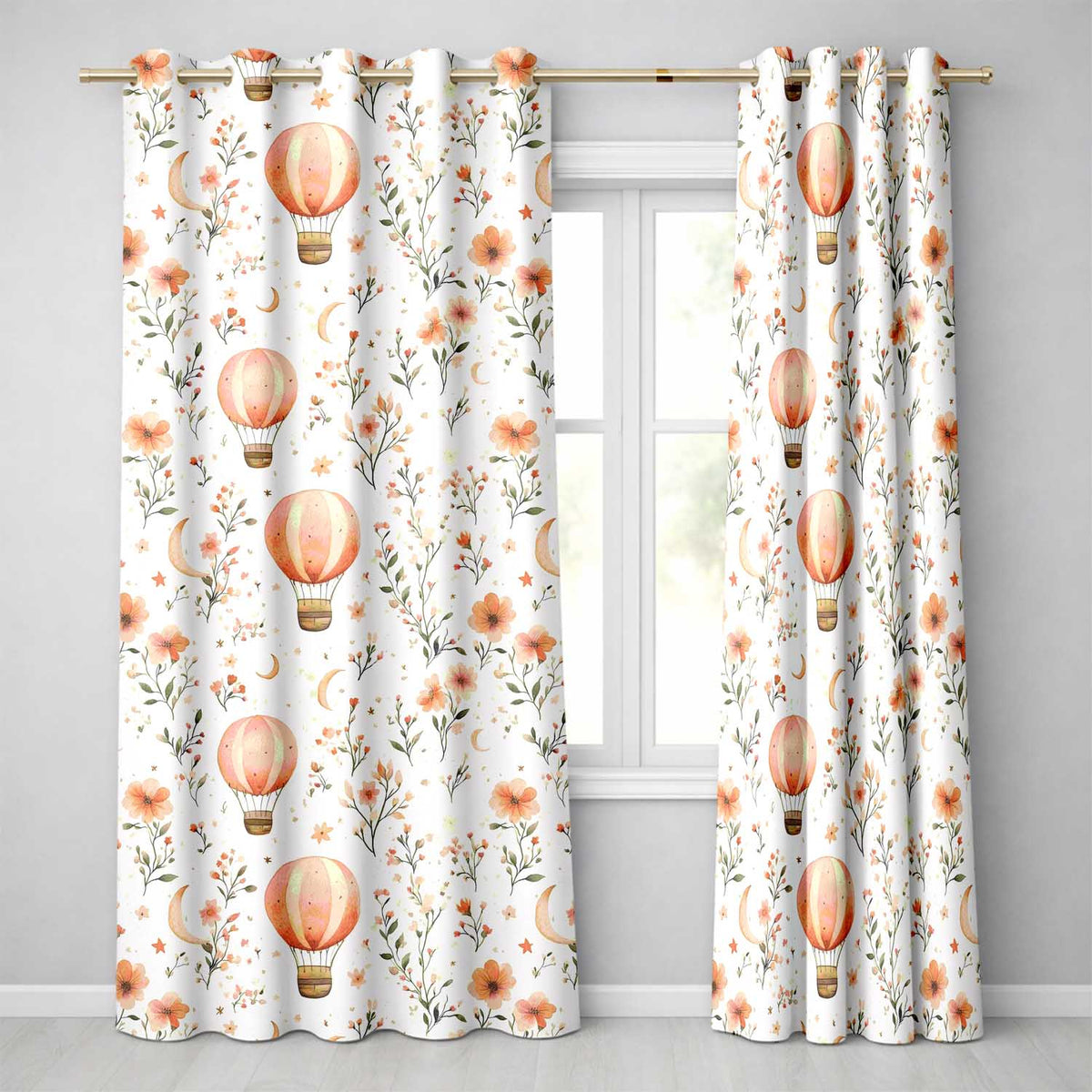 Watercolor Hot Air Balloon Floral Botanical   Readymade Eyelet Ring Top Thermal 100% Blackout Curtains