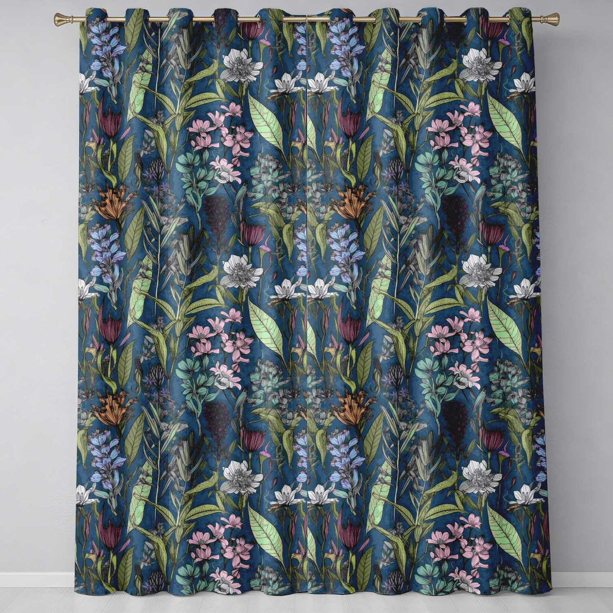 Elegant Botanical Floral Line Art Green Background   Readymade Eyelet Ring Top Thermal 100% Blackout Curtains