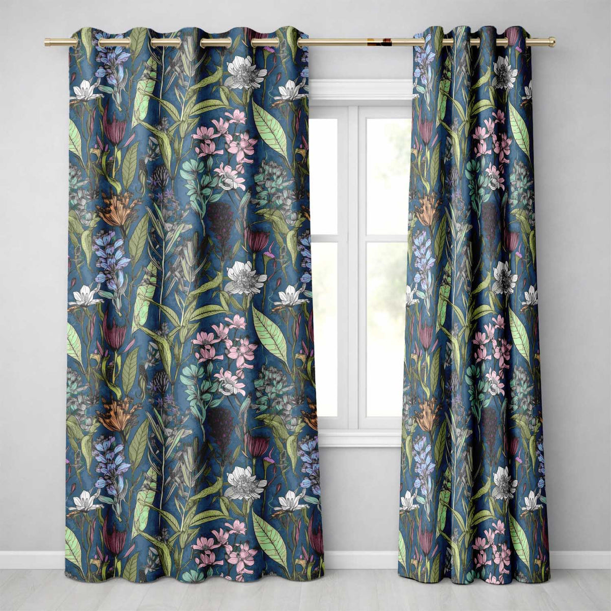 Elegant Botanical Floral Line Art Green Background   Readymade Eyelet Ring Top Thermal 100% Blackout Curtains