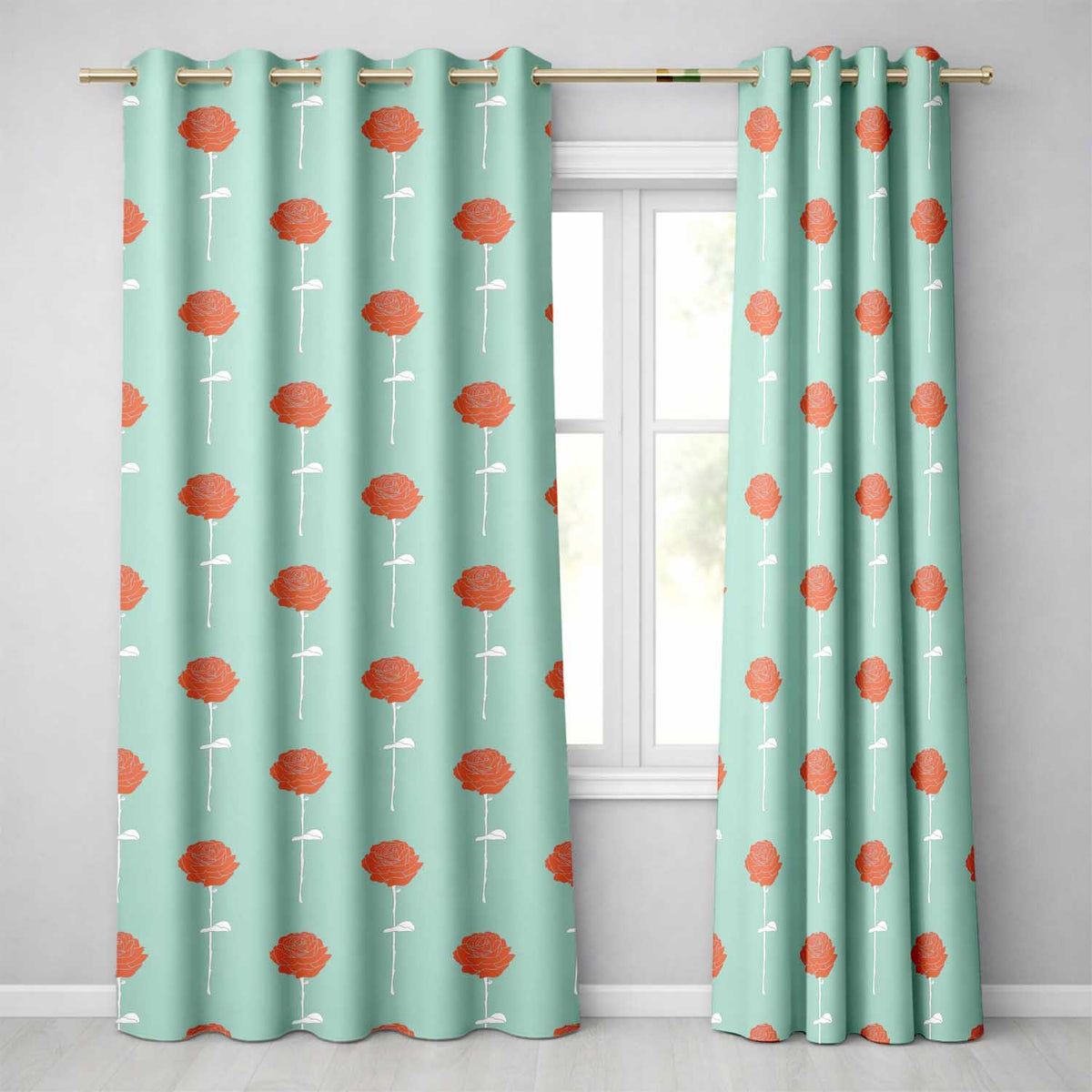 Red Rose Minimal  Blue Background Elegant  Readymade Eyelet Ring Top Thermal 100% Blackout Curtains