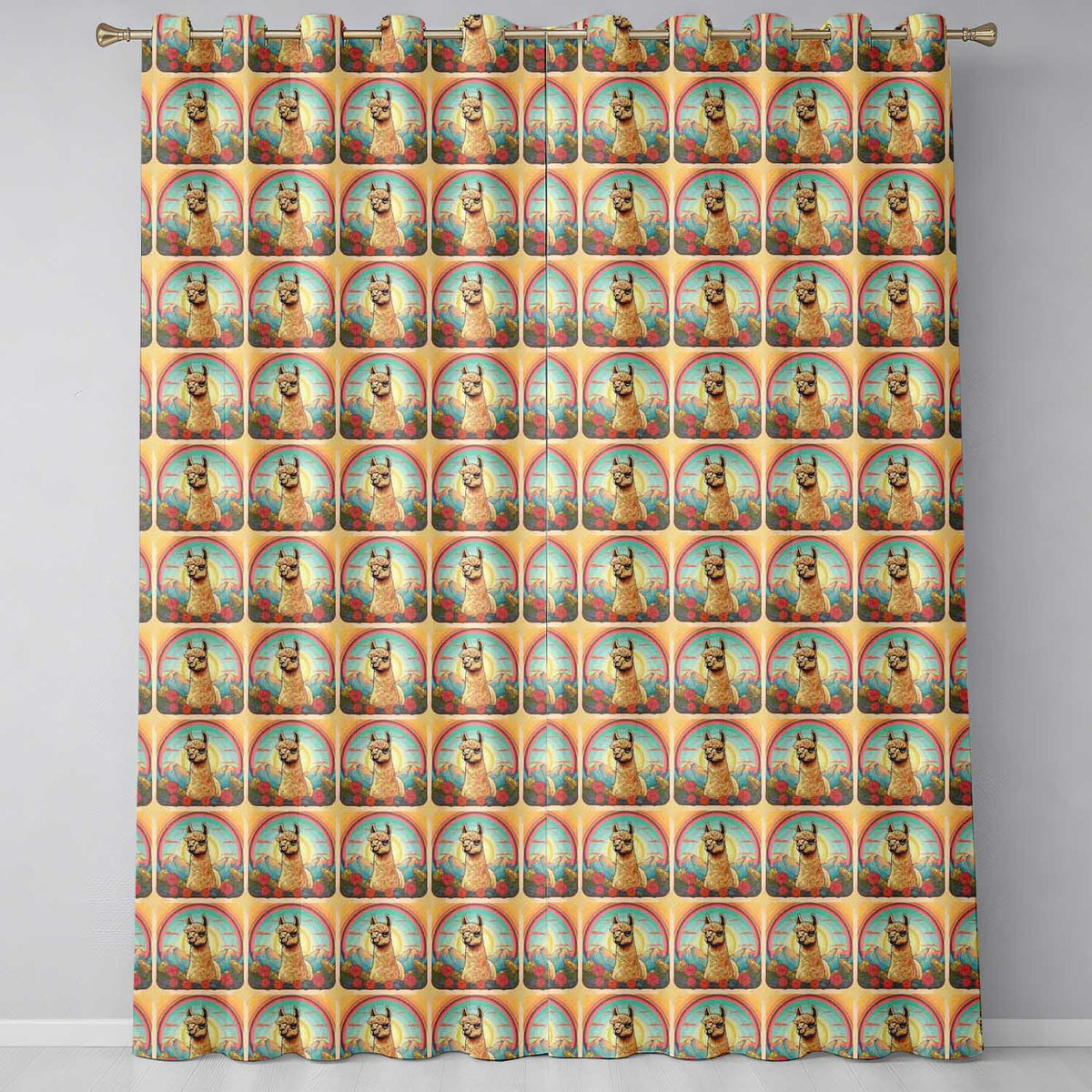 Alpaca Rainbow Floral Landscape  Artistic Animal Design  Readymade Eyelet Ring Top Thermal 100% Blackout Curtains