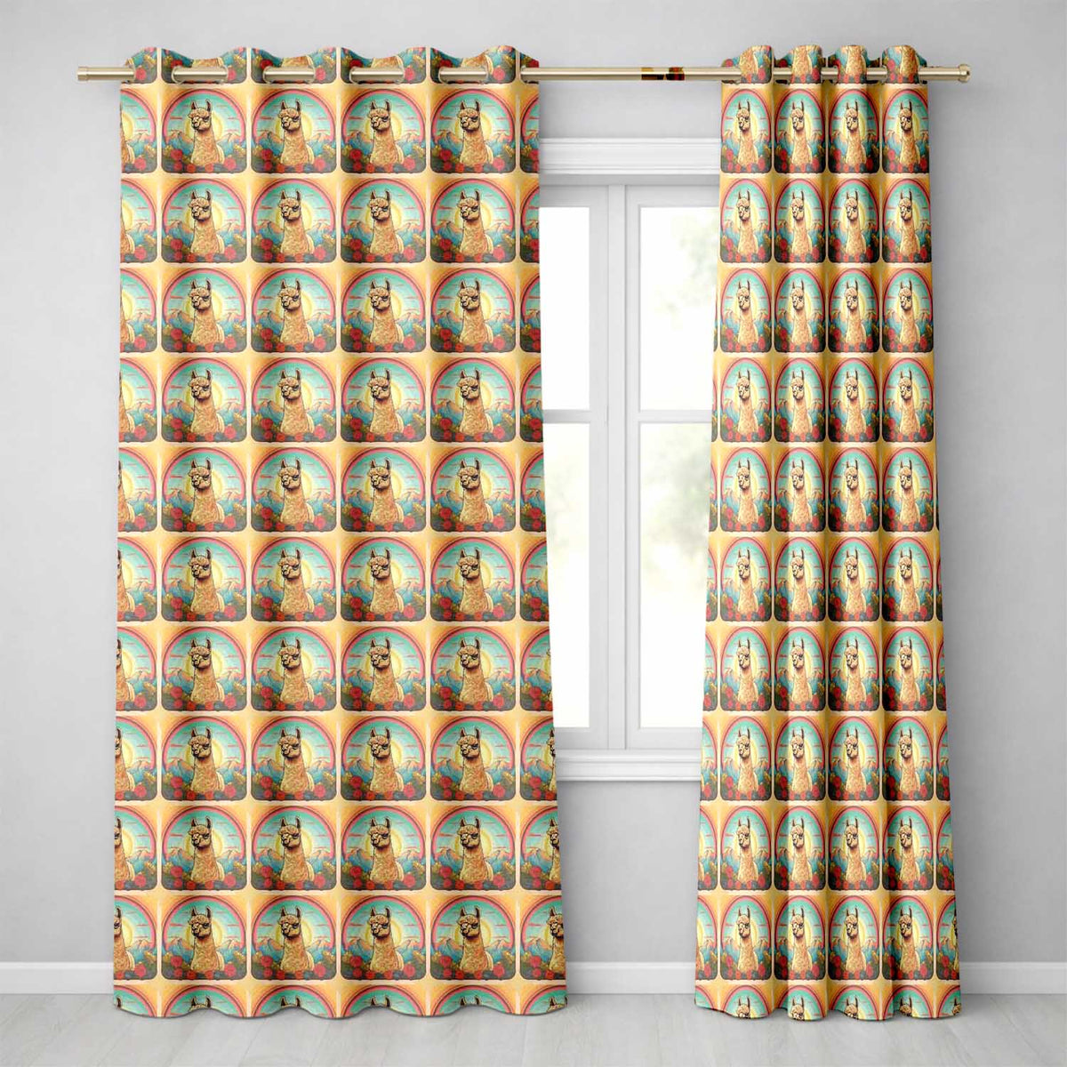 Alpaca Rainbow Floral Landscape  Artistic Animal Design  Readymade Eyelet Ring Top Thermal 100% Blackout Curtains