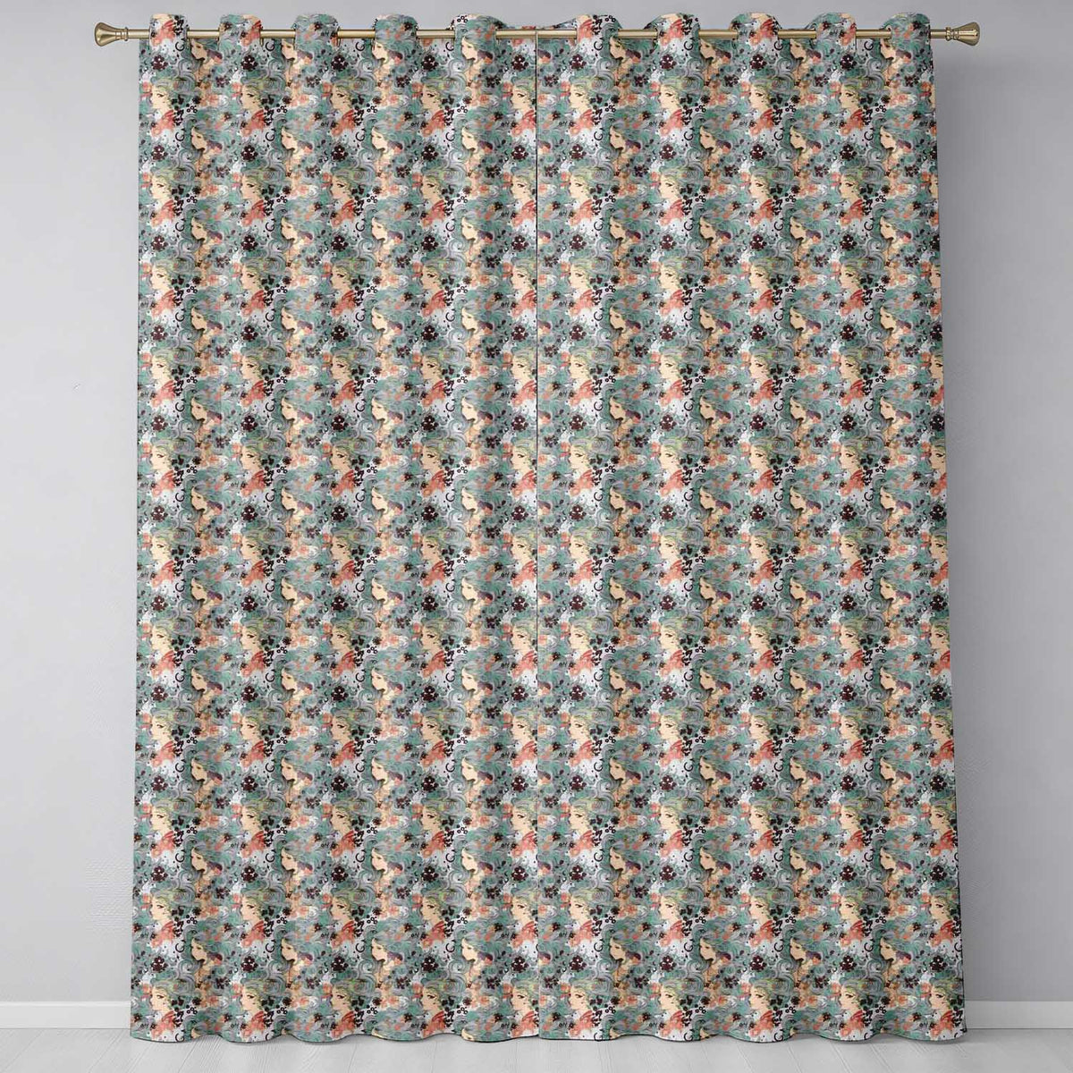 Elegant Woman Teal Floral Artistic  Readymade Eyelet Ring Top Thermal 100% Blackout Curtains
