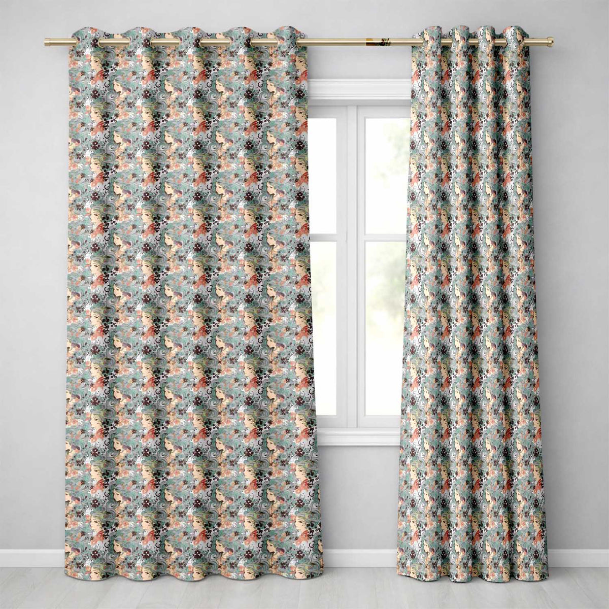 Elegant Woman Teal Floral Artistic  Readymade Eyelet Ring Top Thermal 100% Blackout Curtains