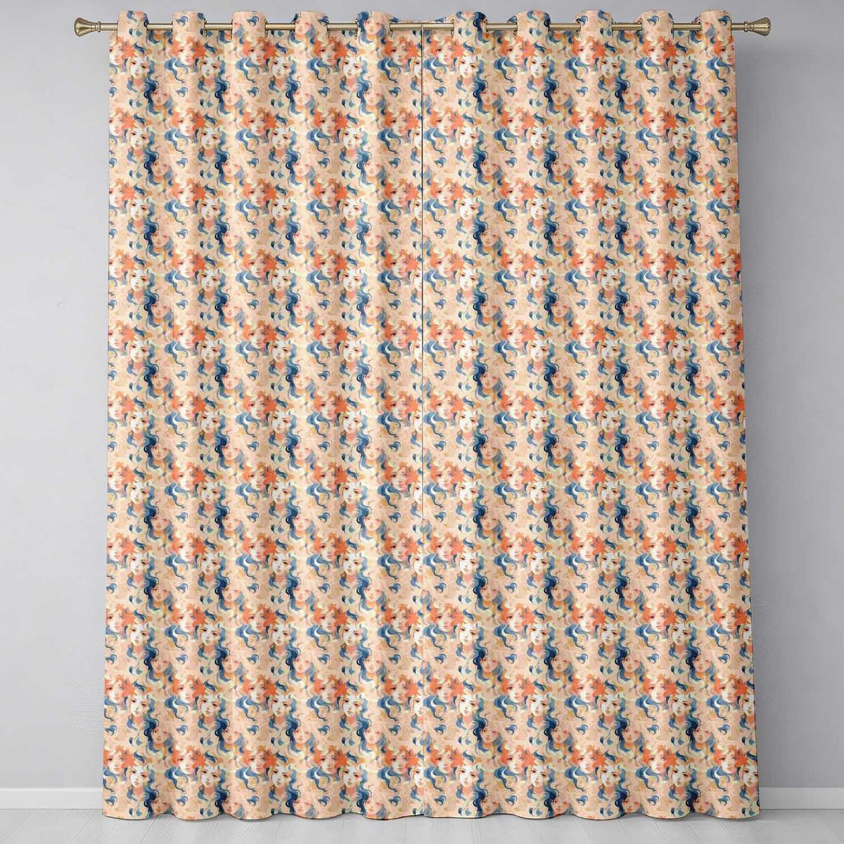 Artistic Female Portrait Cream Blue Abstract  Readymade Eyelet Ring Top Thermal 100% Blackout Curtains