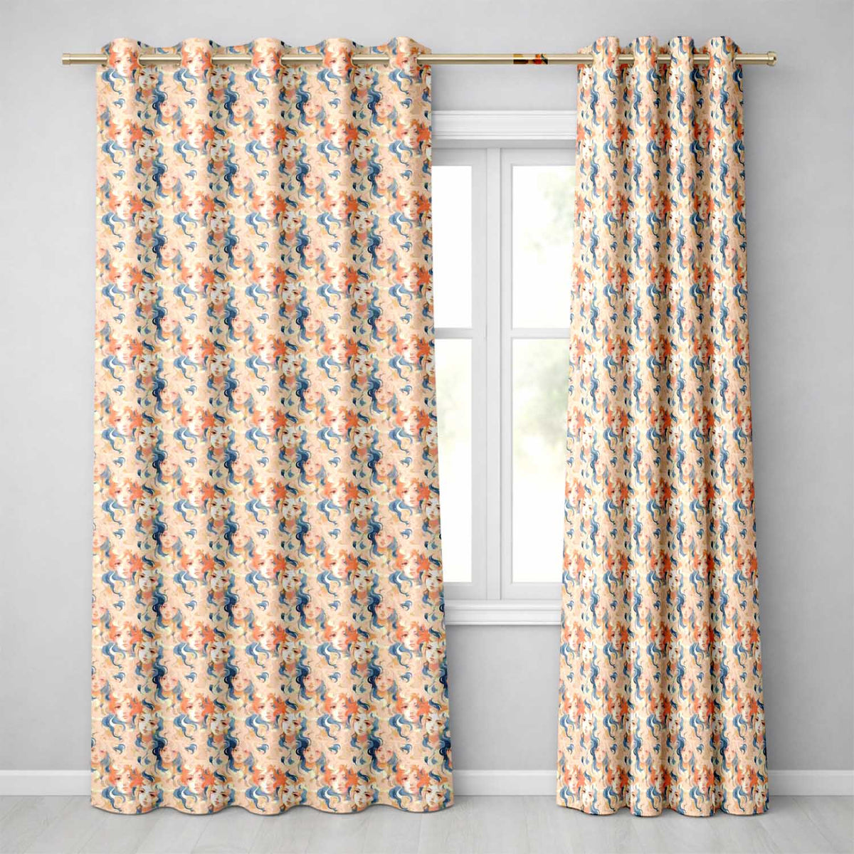 Artistic Female Portrait Cream Blue Abstract  Readymade Eyelet Ring Top Thermal 100% Blackout Curtains