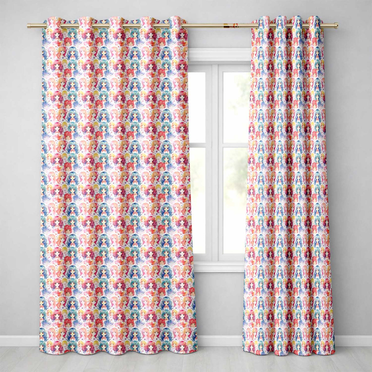 Colourful Anime Girls Pastel Star  Kawaii Character Design  Readymade Eyelet Ring Top Thermal 100% Blackout Curtains