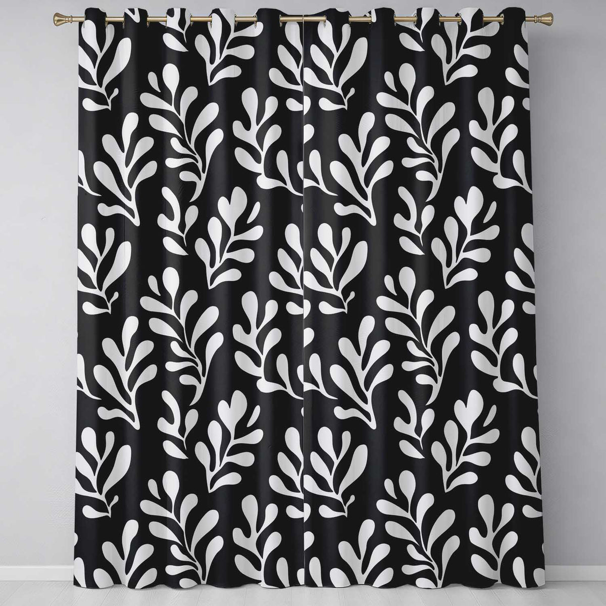 Midnight Botanical Flow Black Cream Abstract Leaf  Readymade Eyelet Ring Top Thermal 100% Blackout Curtains