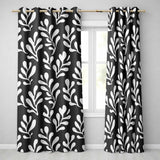 Midnight Botanical Flow Black Cream Abstract Leaf  Readymade Eyelet Ring Top Thermal 100% Blackout Curtains