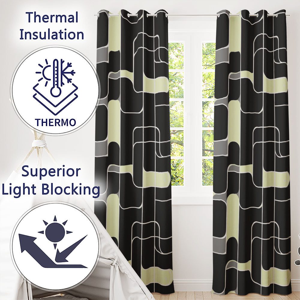 Contemporary Line Grid Black Cream Abstract Outline  Readymade Eyelet Ring Top Thermal 100% Blackout Curtains