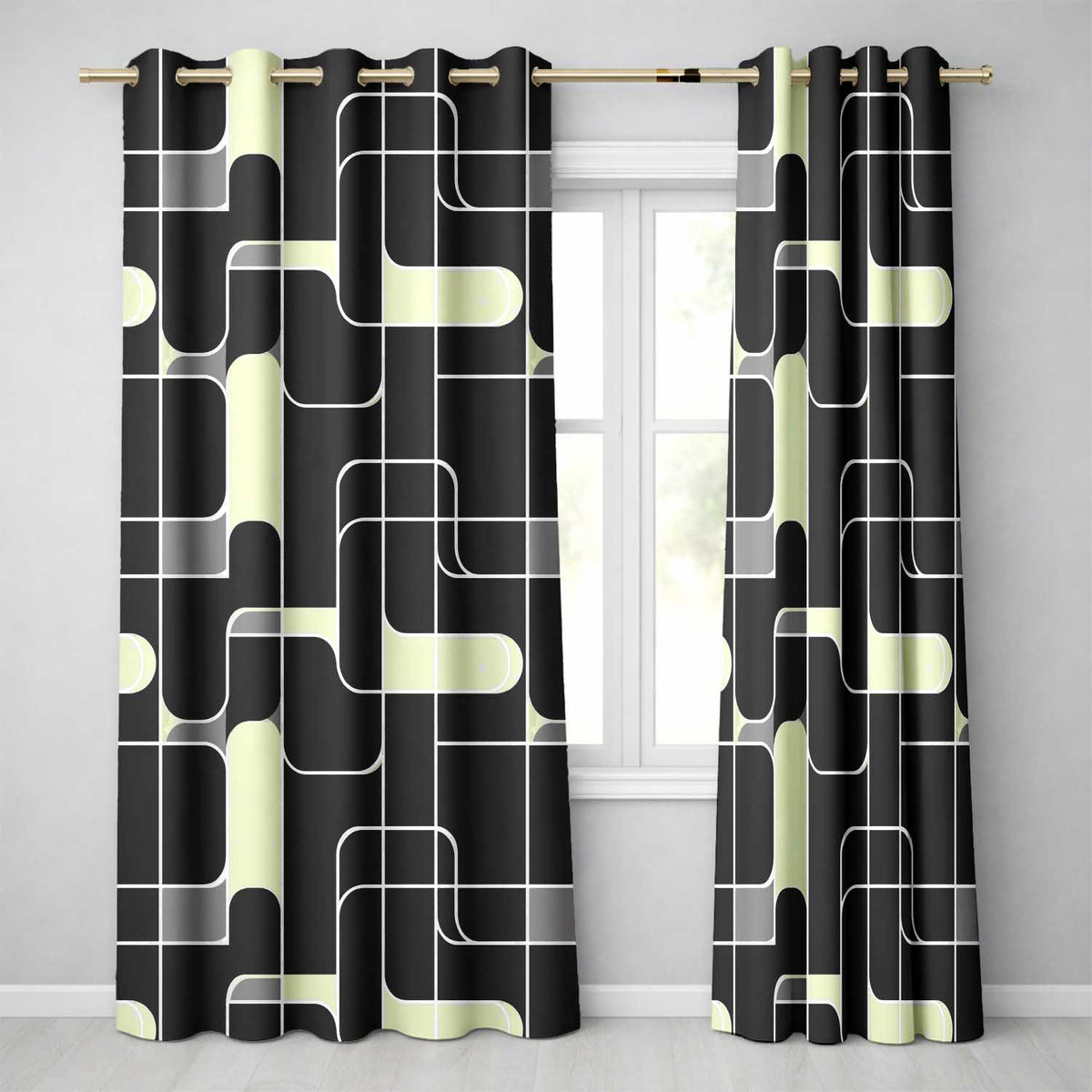 Contemporary Line Grid Black Cream Abstract Outline  Readymade Eyelet Ring Top Thermal 100% Blackout Curtains