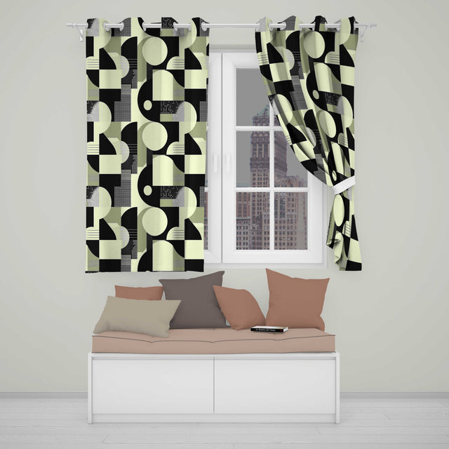 Modern Geometric Circles Black Cream Mid Century Abstract  Readymade Eyelet Ring Top Thermal 100% Blackout Curtains