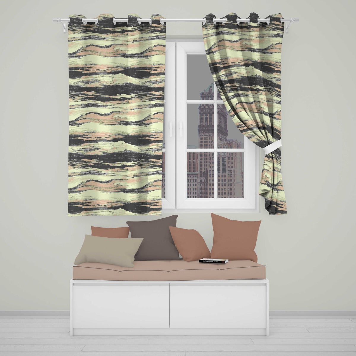 Layered Stone Strata Black Cream Abstract Texture  Readymade Eyelet Ring Top Thermal 100% Blackout Curtains