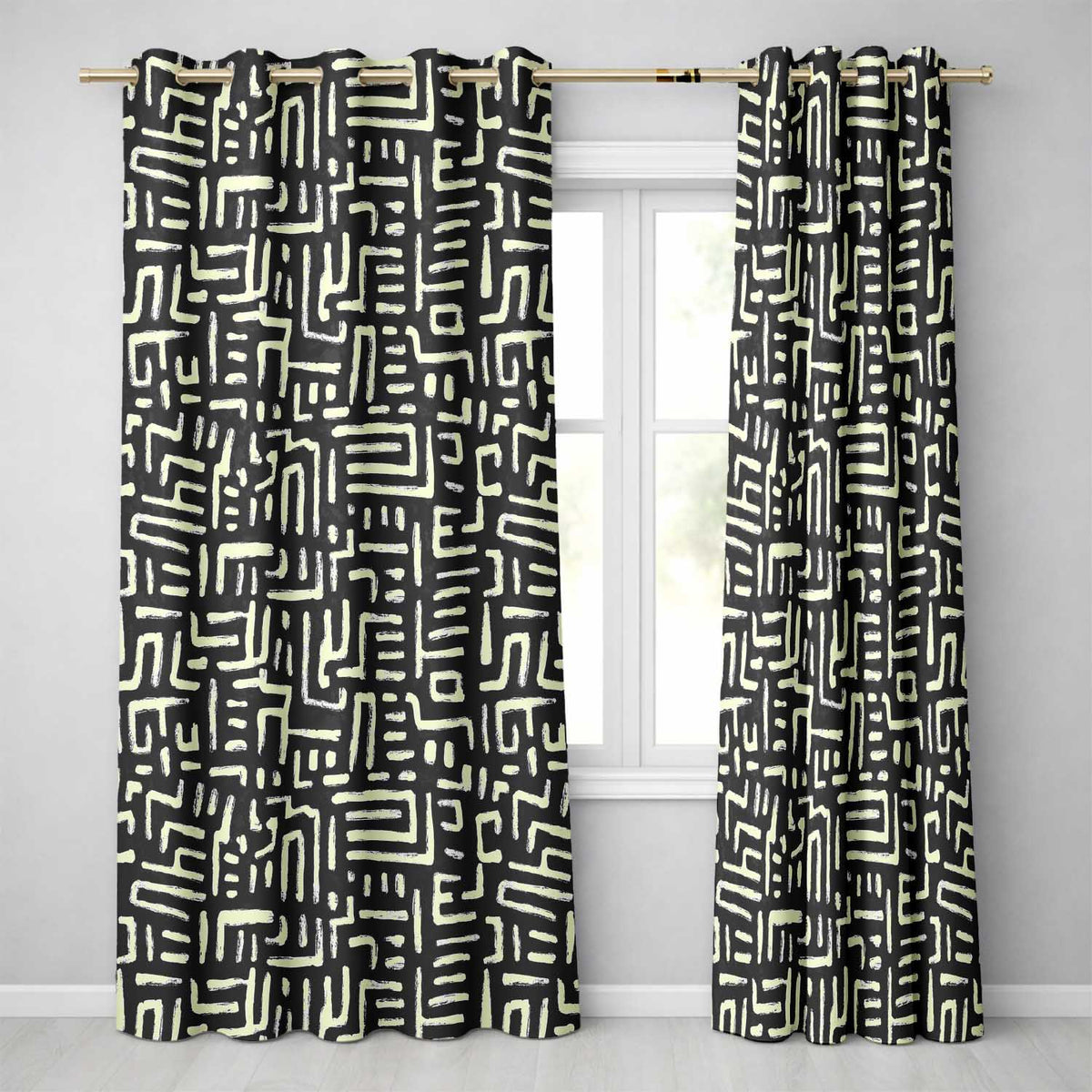 Tribal Maze Lines Black Cream Geometric Abstract  Readymade Eyelet Ring Top Thermal 100% Blackout Curtains