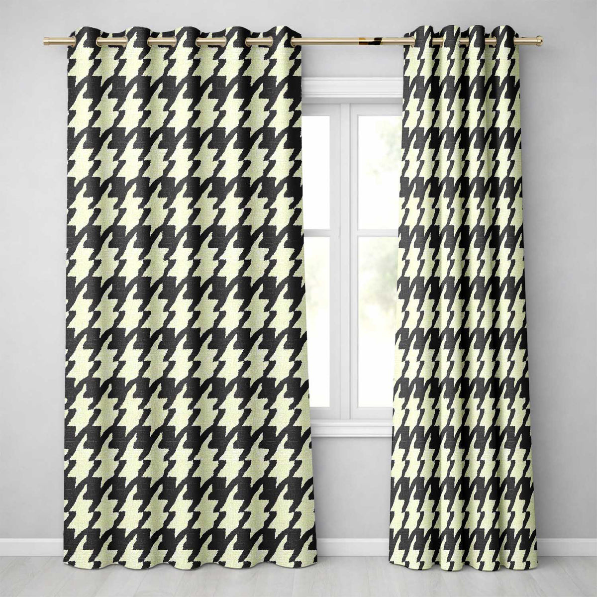 Classic Houndstooth Black Cream Timeless  Readymade Eyelet Ring Top Thermal 100% Blackout Curtains