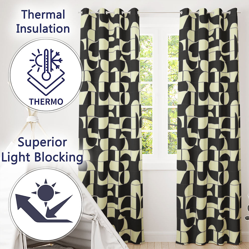 Abstract Cutout Grid Black Cream Modern Geometric  Readymade Eyelet Ring Top Thermal 100% Blackout Curtains