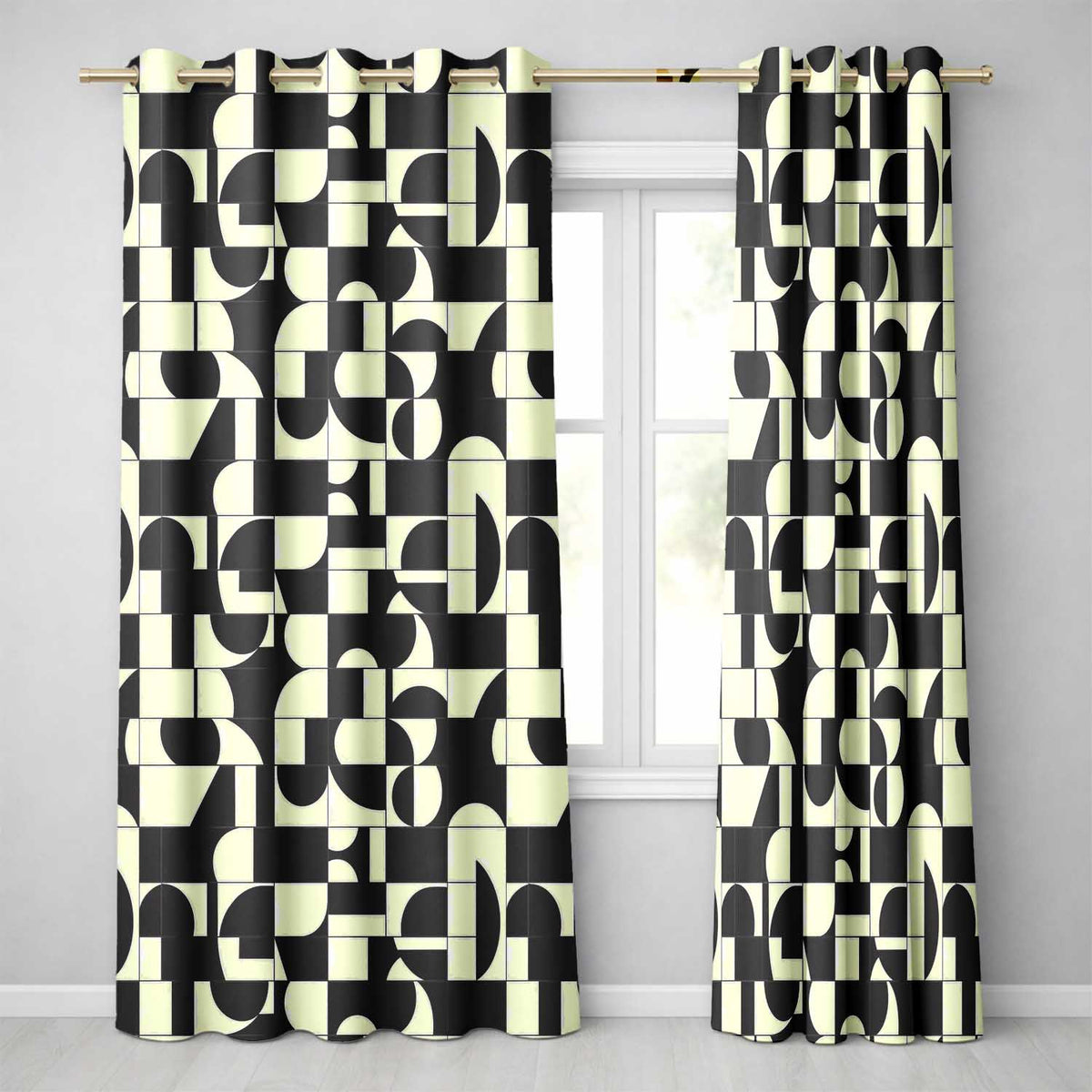 Abstract Cutout Grid Black Cream Modern Geometric  Readymade Eyelet Ring Top Thermal 100% Blackout Curtains