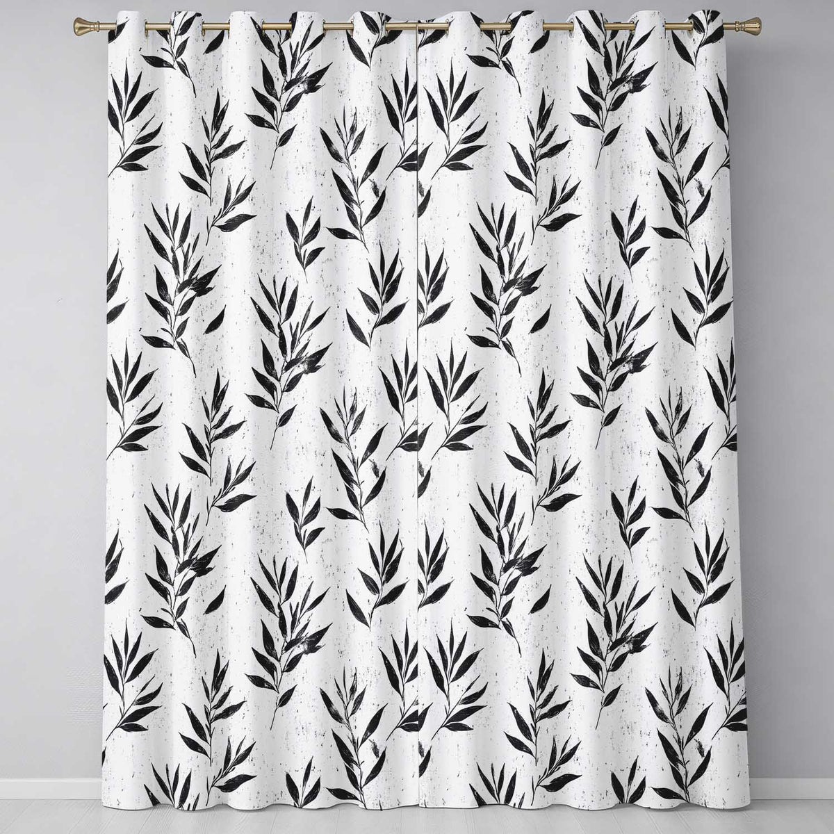 Minimal Botanical Leaves Black Cream Organic Floral  Readymade Eyelet Ring Top Thermal 100% Blackout Curtains