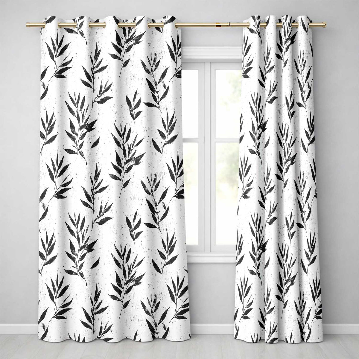 Minimal Botanical Leaves Black Cream Organic Floral  Readymade Eyelet Ring Top Thermal 100% Blackout Curtains