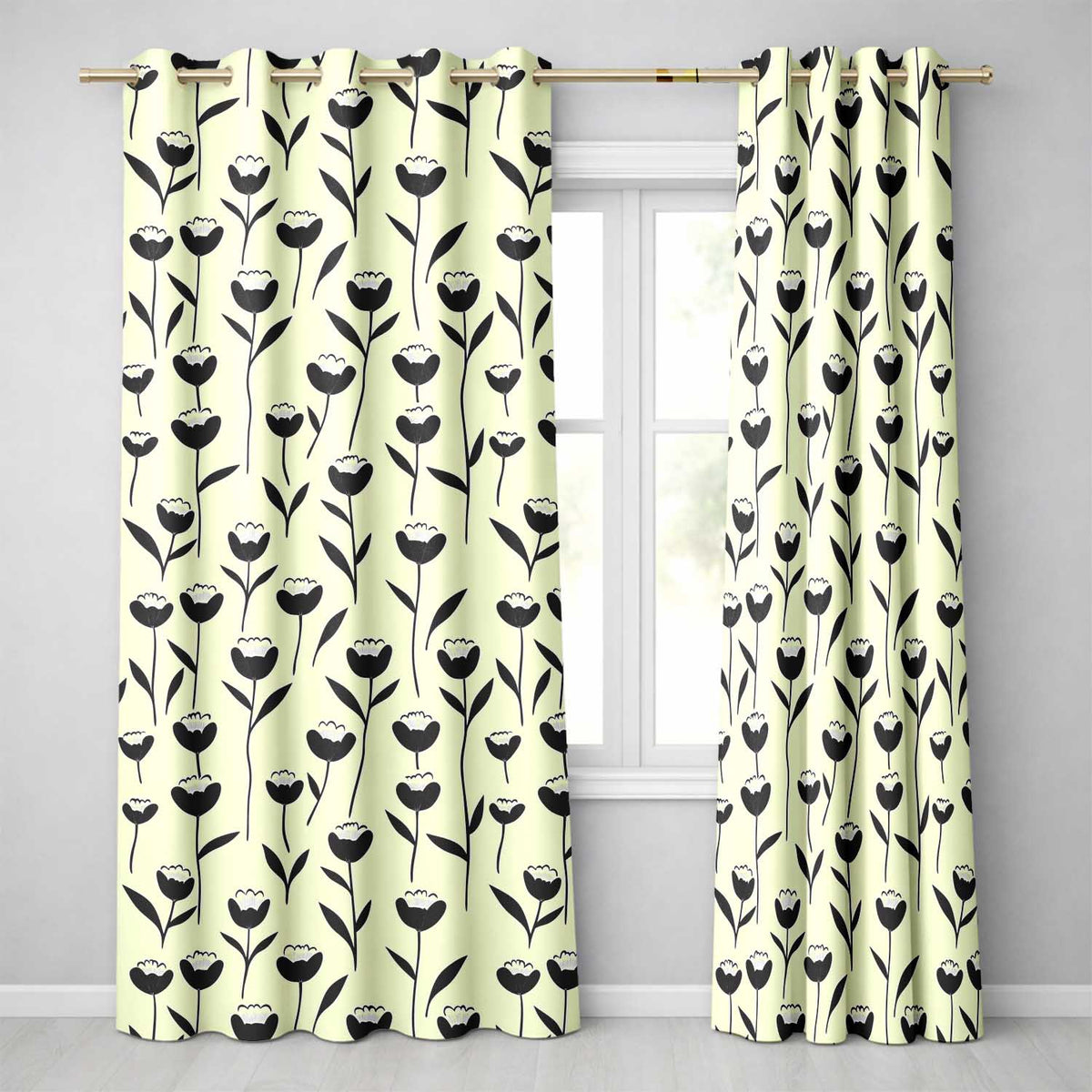Scandinavian Floral Stems Black Cream Simple Flower  Readymade Eyelet Ring Top Thermal 100% Blackout Curtains