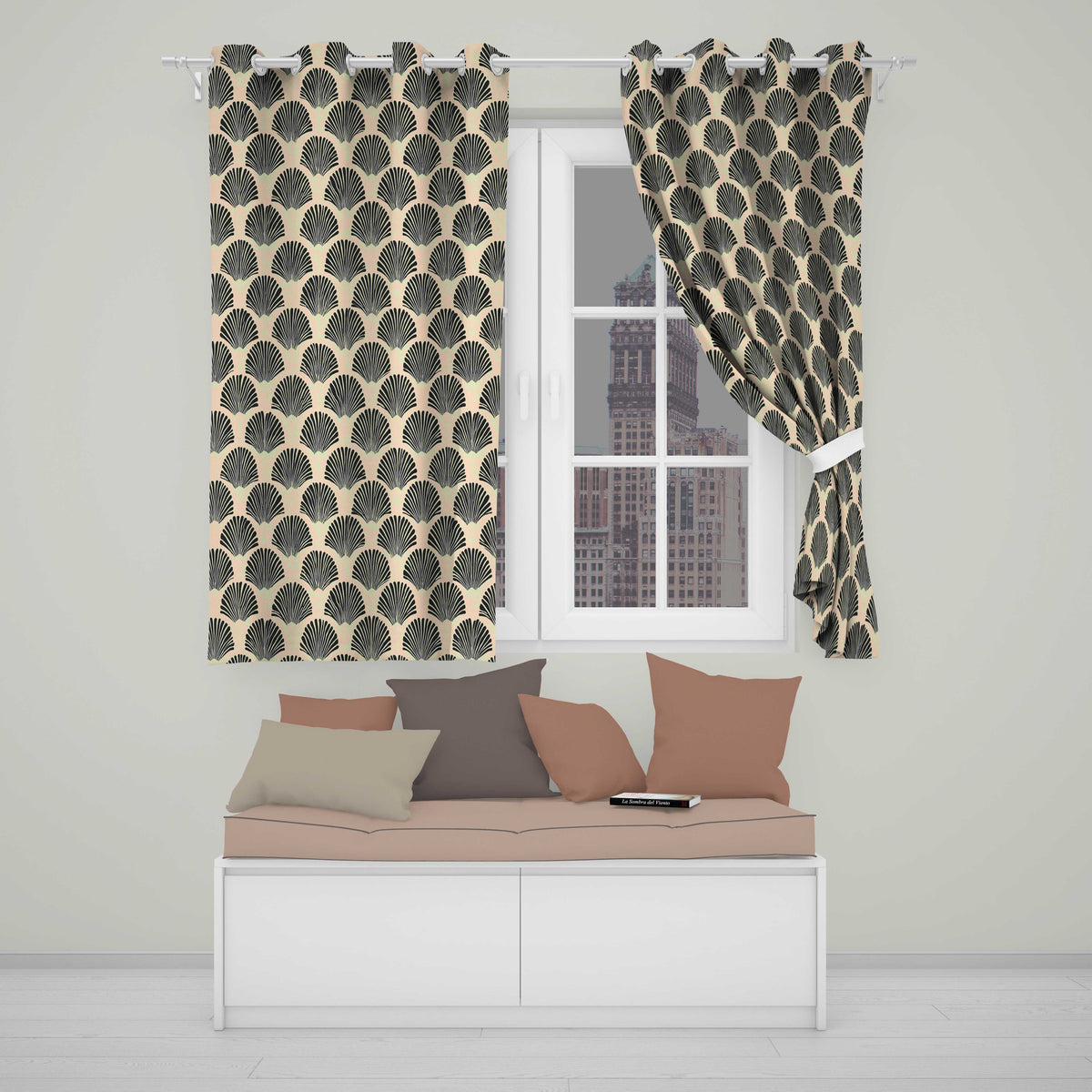 Scallop Fan Shell Black Cream ArtDeco Pattern  Readymade Eyelet Ring Top Thermal 100% Blackout Curtains