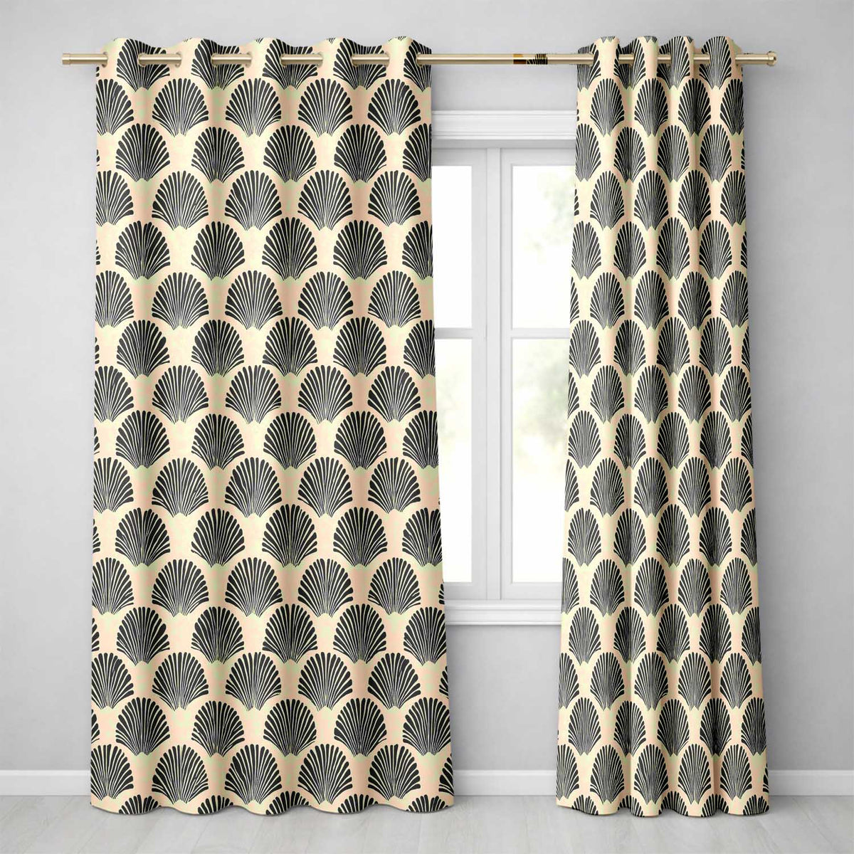 Scallop Fan Shell Black Cream ArtDeco Pattern  Readymade Eyelet Ring Top Thermal 100% Blackout Curtains