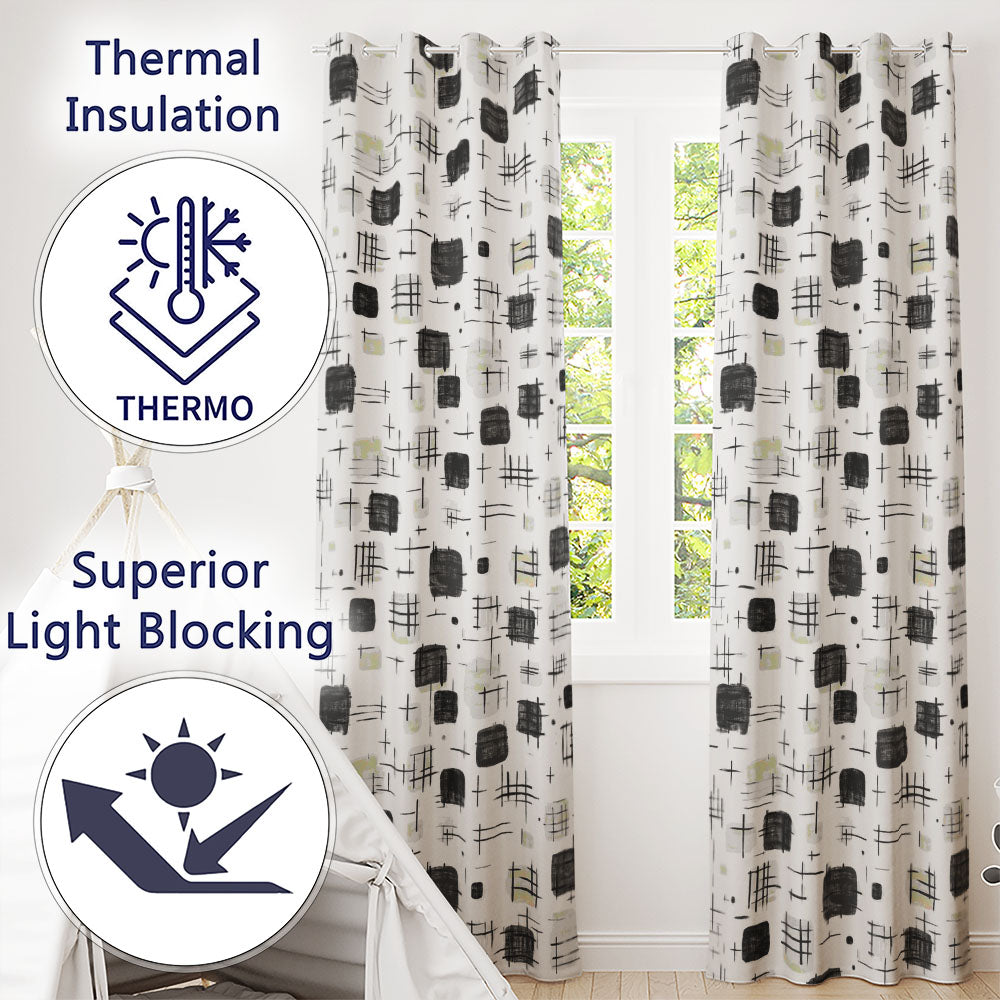 Brush Stroke Texture Black Cream Vertical Abstract  Readymade Eyelet Ring Top Thermal 100% Blackout Curtains