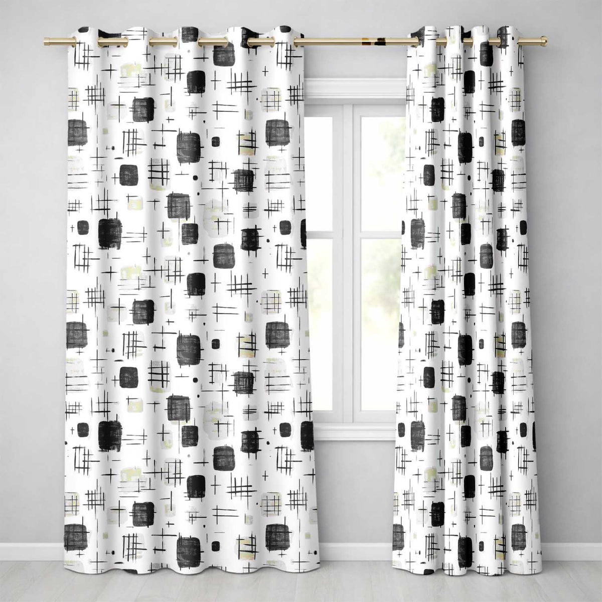 Brush Stroke Texture Black Cream Vertical Abstract  Readymade Eyelet Ring Top Thermal 100% Blackout Curtains