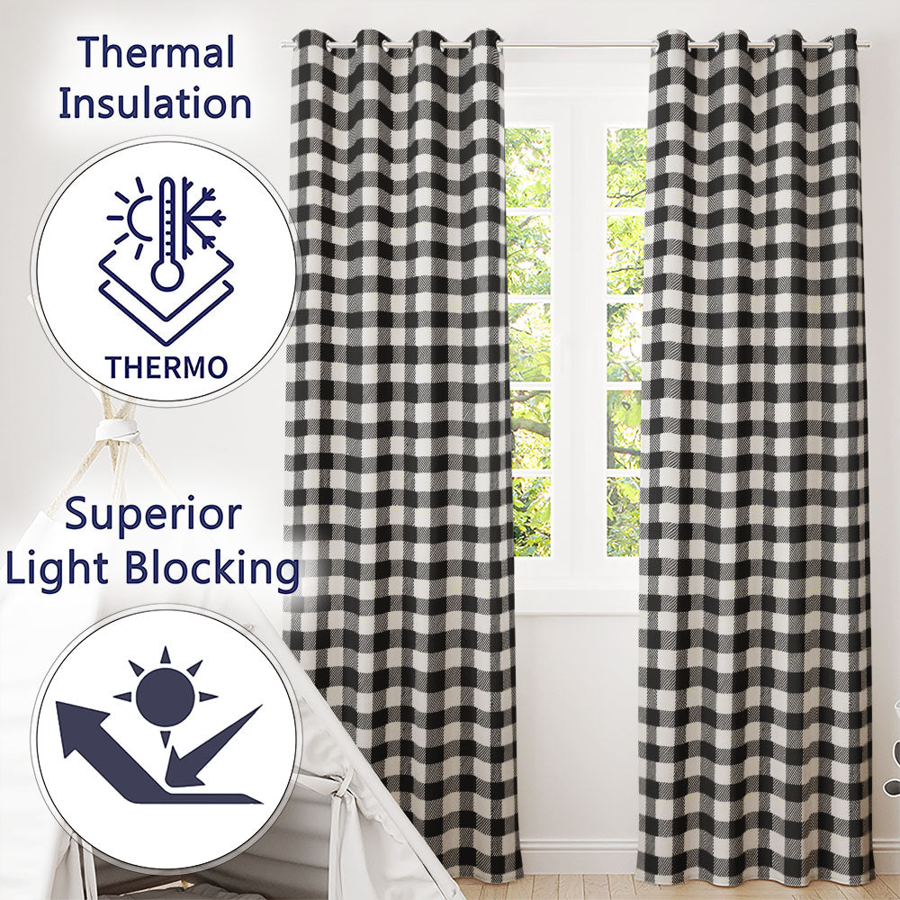 Fine Line Gingham Black Cream Textured Check  Readymade Eyelet Ring Top Thermal 100% Blackout Curtains
