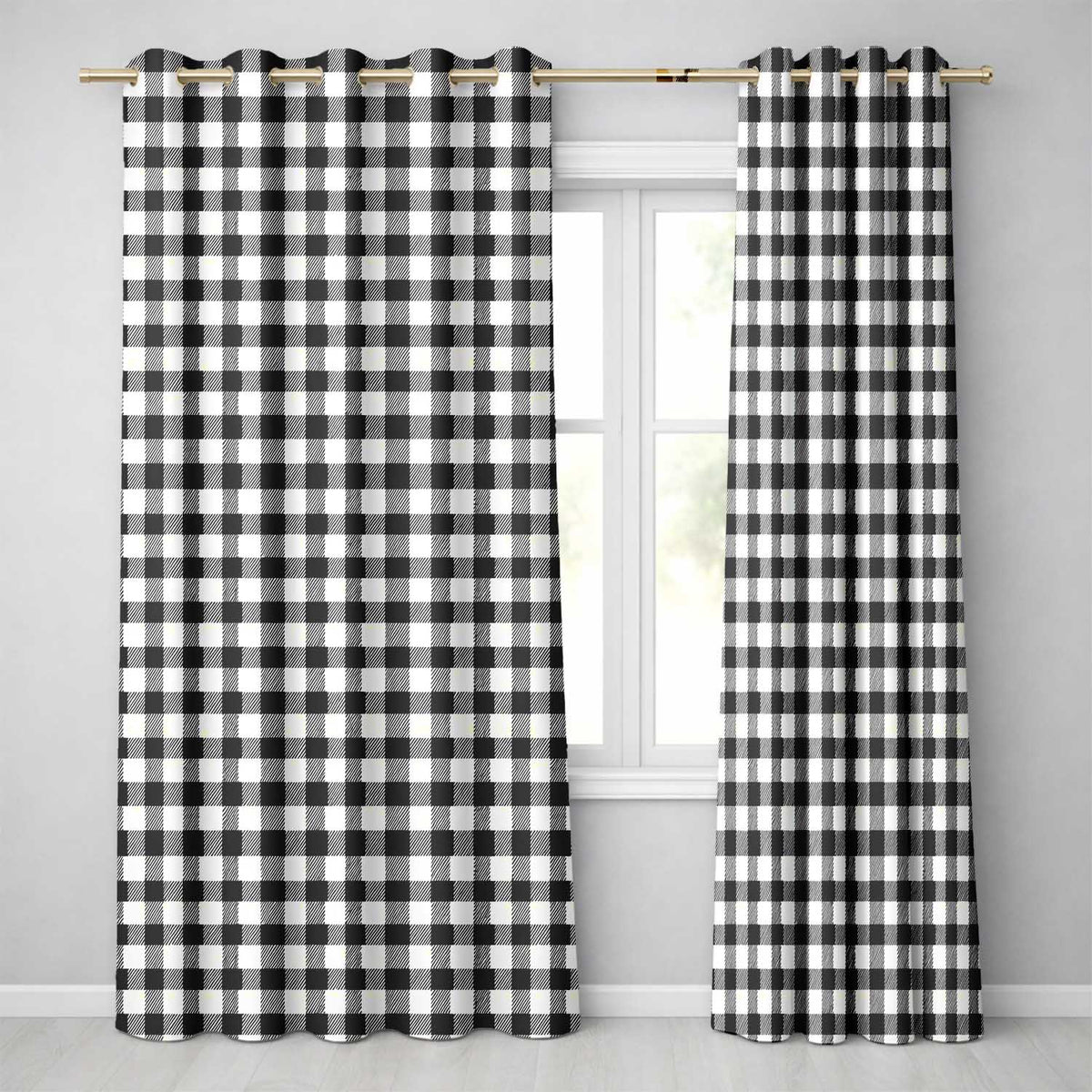 Fine Line Gingham Black Cream Textured Check  Readymade Eyelet Ring Top Thermal 100% Blackout Curtains
