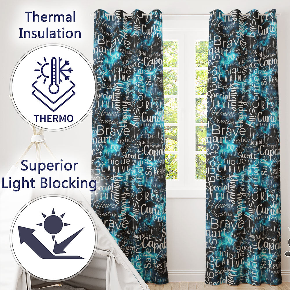 Galaxy Marble Typography Blue Black Motivational Word  Readymade Eyelet Ring Top Thermal 100% Blackout Curtains