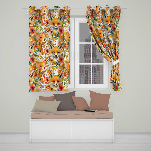 Watercolor Fox Floral Artistic Pattern  Readymade Eyelet Ring Top Thermal 100% Blackout Curtains