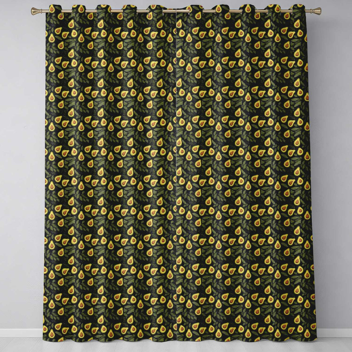 Dark Avocado Leaf Seamless  Black Background Dense Botanical Design  Readymade Eyelet Ring Top Thermal 100% Blackout Curtains