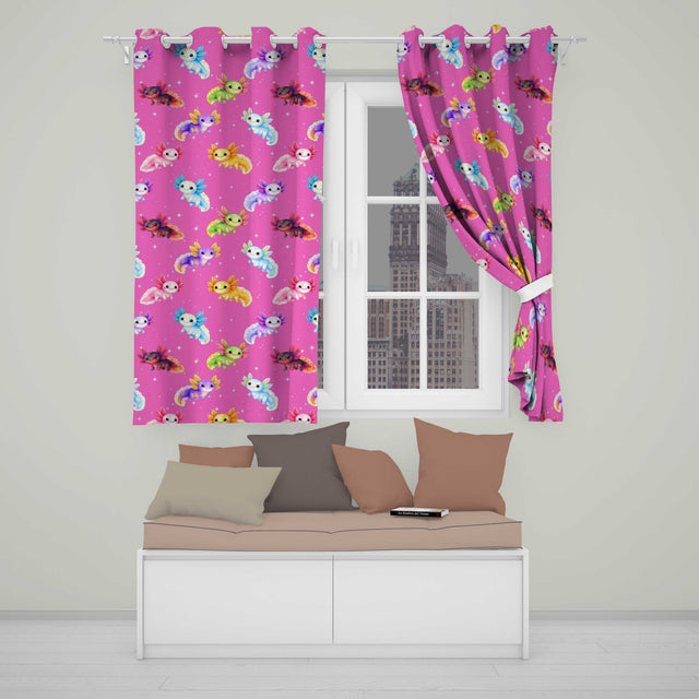 Pink  Axolotl Cartoon Seamless  Kawaii Fantasy Animal Design  Readymade Eyelet Ring Top Thermal 100% Blackout Curtains