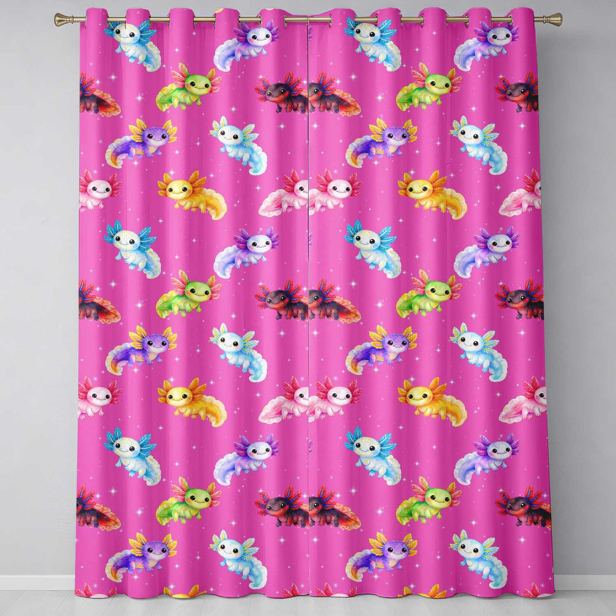 Pink  Axolotl Cartoon Seamless  Kawaii Fantasy Animal Design  Readymade Eyelet Ring Top Thermal 100% Blackout Curtains