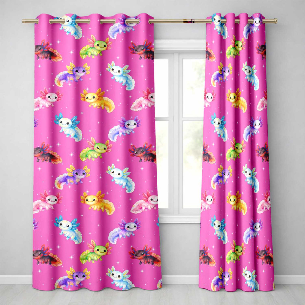 Pink  Axolotl Cartoon Seamless  Kawaii Fantasy Animal Design  Readymade Eyelet Ring Top Thermal 100% Blackout Curtains