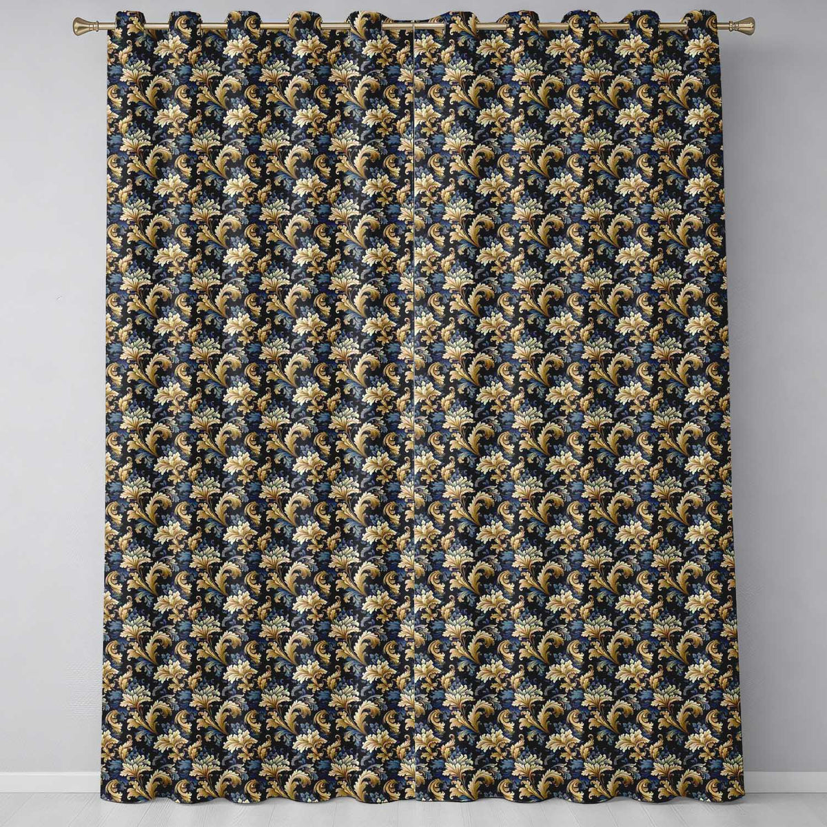 Blue Gold Baroque Floral Seamless  Luxury Vintage Ornamental Design  Readymade Eyelet Ring Top Thermal 100% Blackout Curtains