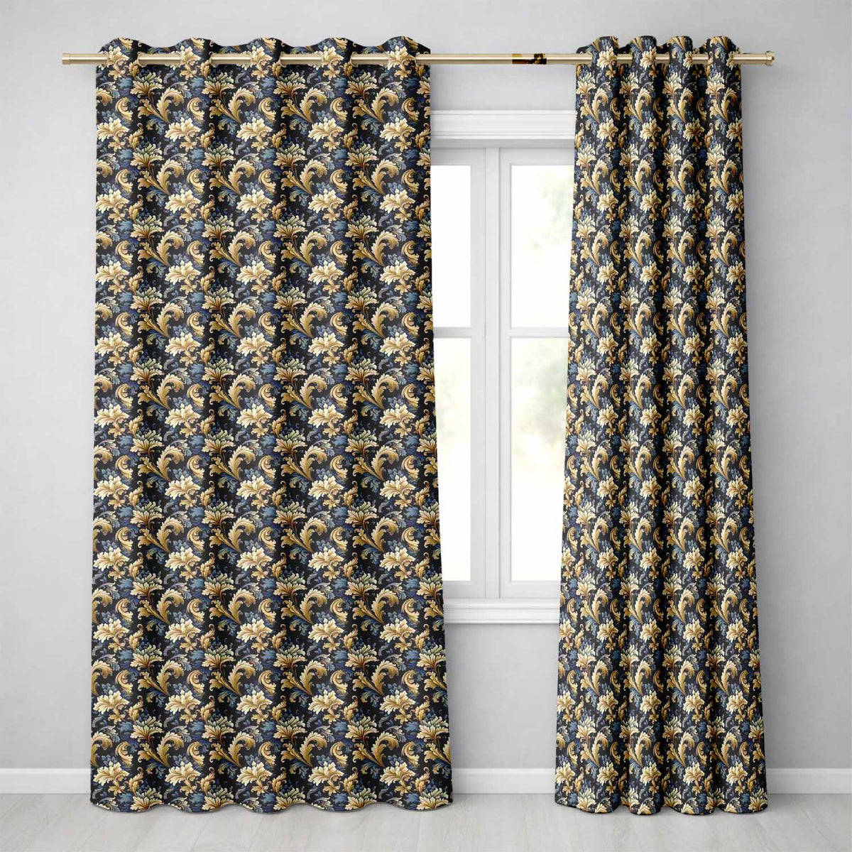 Blue Gold Baroque Floral Seamless  Luxury Vintage Ornamental Design  Readymade Eyelet Ring Top Thermal 100% Blackout Curtains