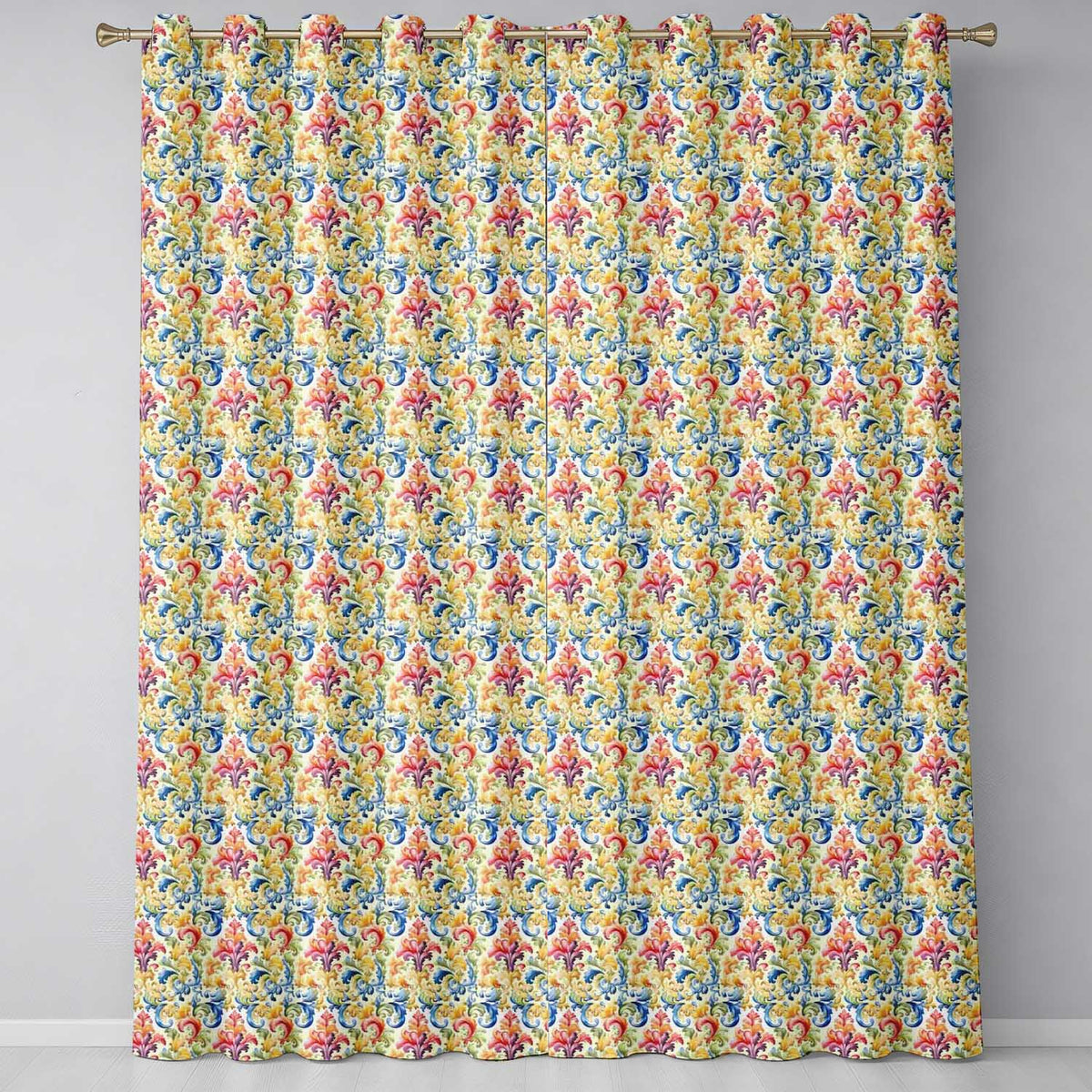 Colourful Rainbow Baroque Floral   Bright Artistic Ornamental Design  Readymade Eyelet Ring Top Thermal 100% Blackout Curtains