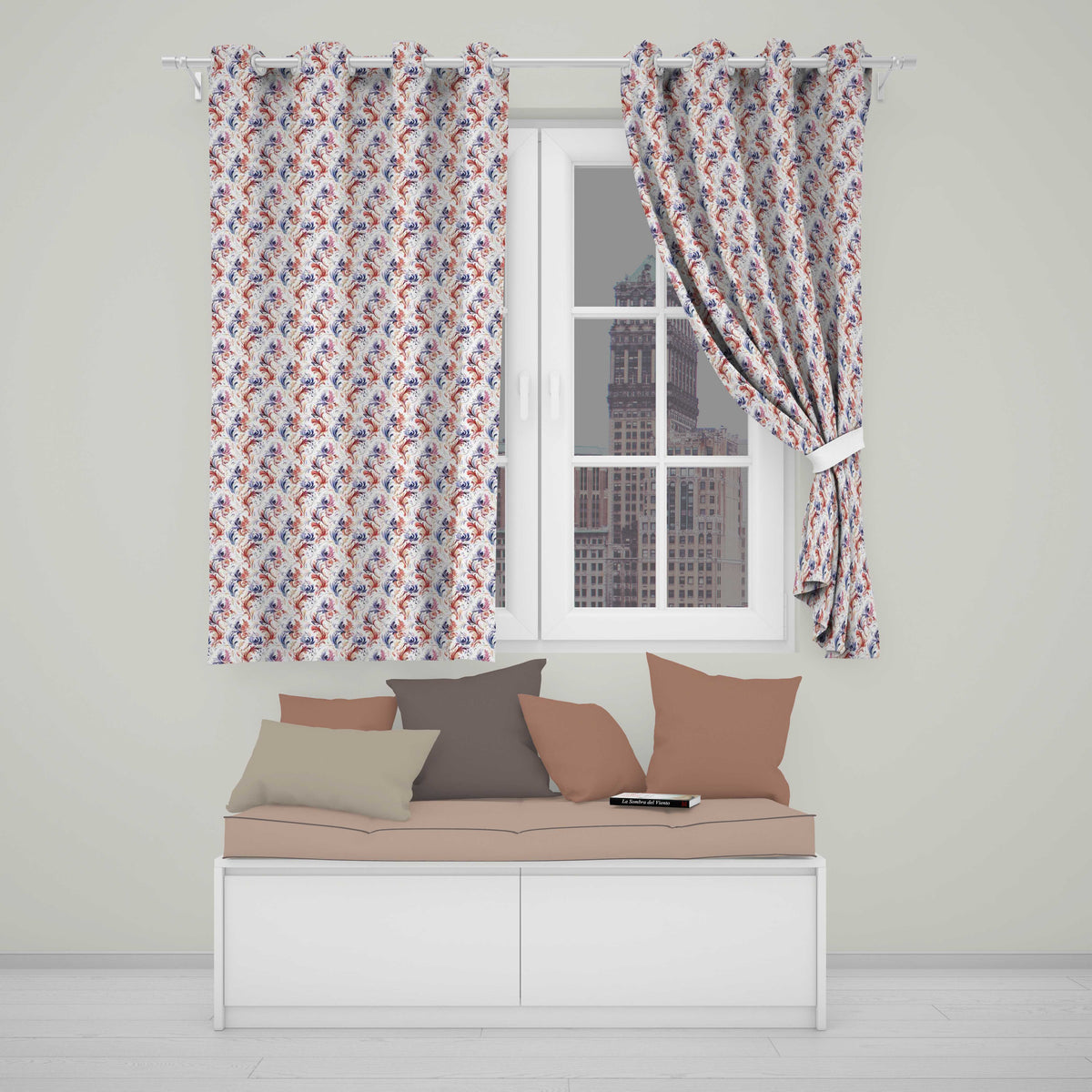 Soft Red Blue Floral Seamless  Vintage Botanical Ornamental Design  Readymade Eyelet Ring Top Thermal 100% Blackout Curtains
