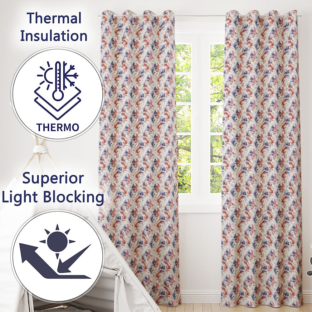 Soft Red Blue Floral Seamless  Vintage Botanical Ornamental Design  Readymade Eyelet Ring Top Thermal 100% Blackout Curtains