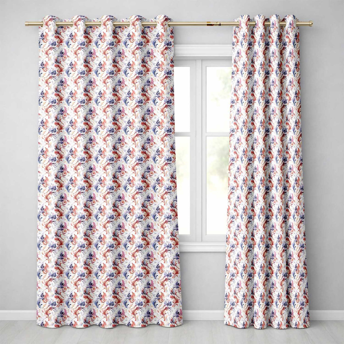 Soft Red Blue Floral Seamless  Vintage Botanical Ornamental Design  Readymade Eyelet Ring Top Thermal 100% Blackout Curtains