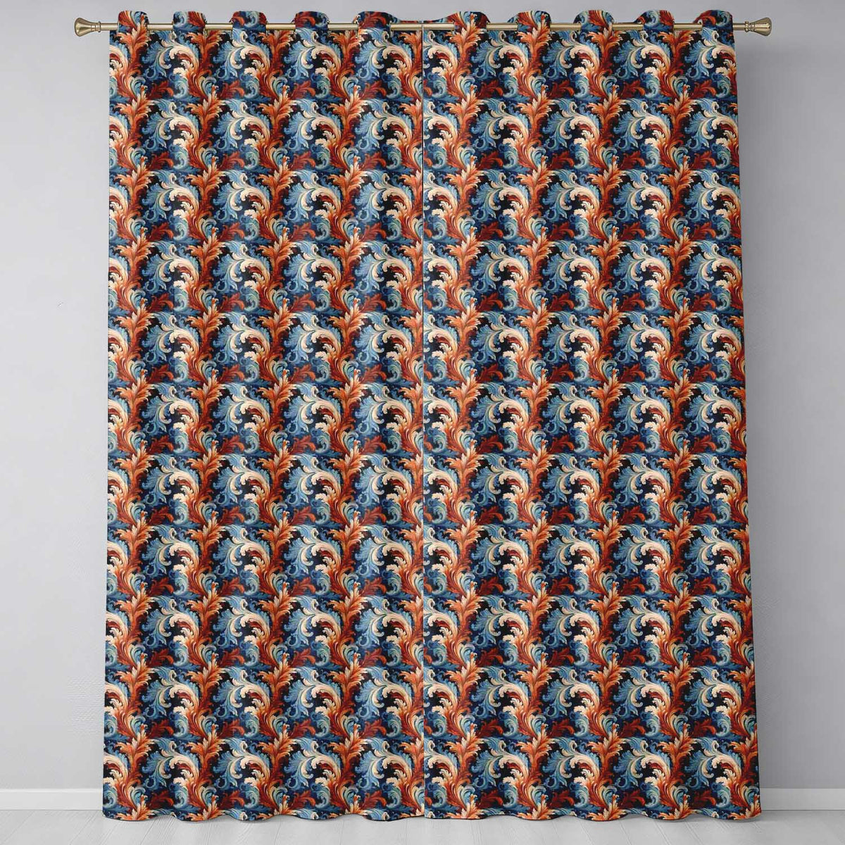 Blue Orange Baroque Floral   Artistic Ornamental Decorative Design  Readymade Eyelet Ring Top Thermal 100% Blackout Curtains