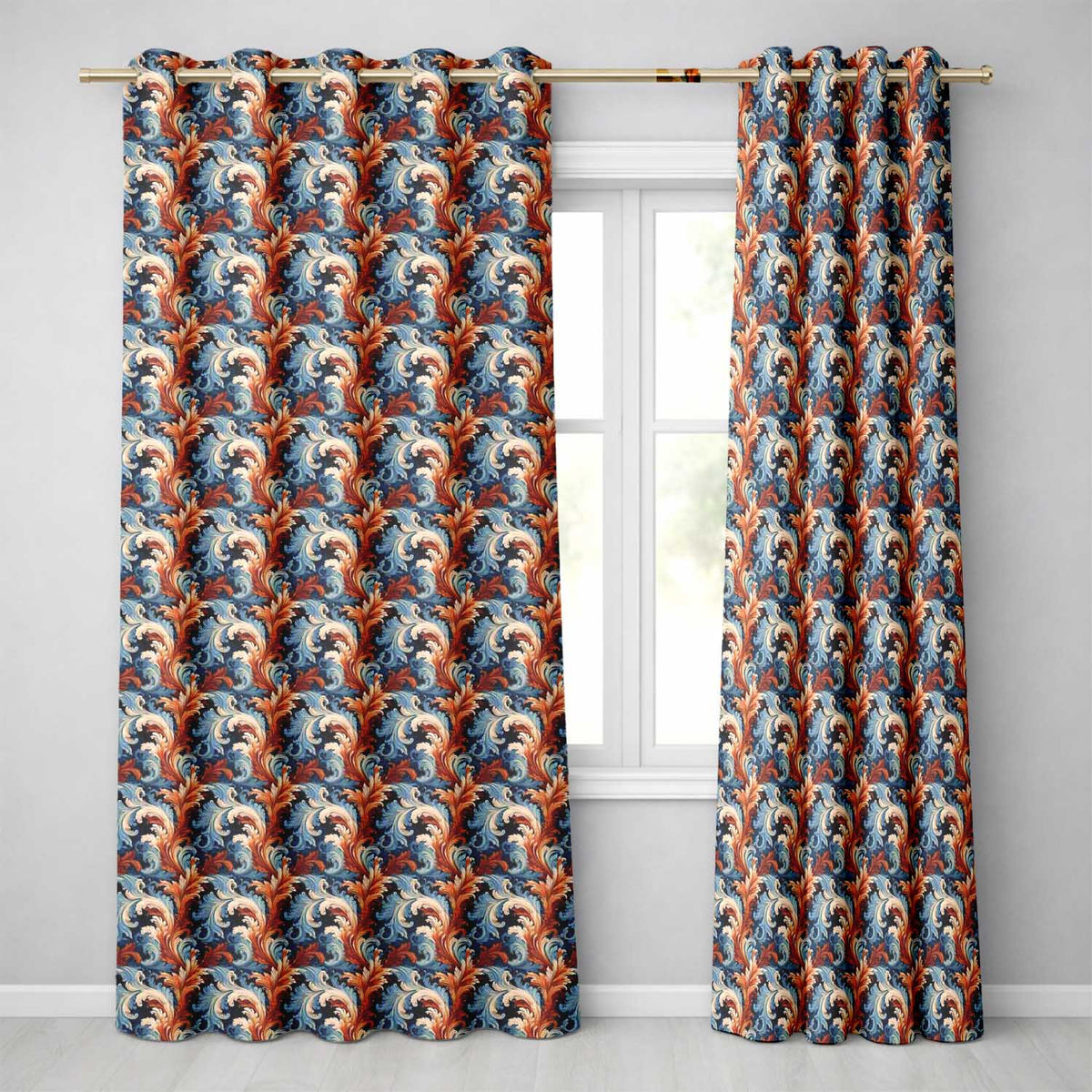 Blue Orange Baroque Floral   Artistic Ornamental Decorative Design  Readymade Eyelet Ring Top Thermal 100% Blackout Curtains