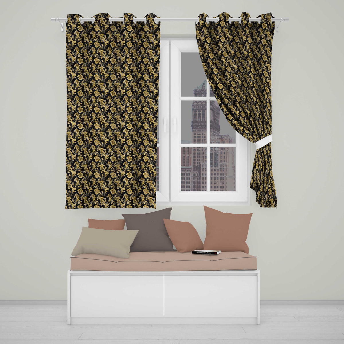 Rich Gold Black Floral Baroque Seamless  Luxury Vintage Ornamental Design  Readymade Eyelet Ring Top Thermal 100% Blackout Curtains