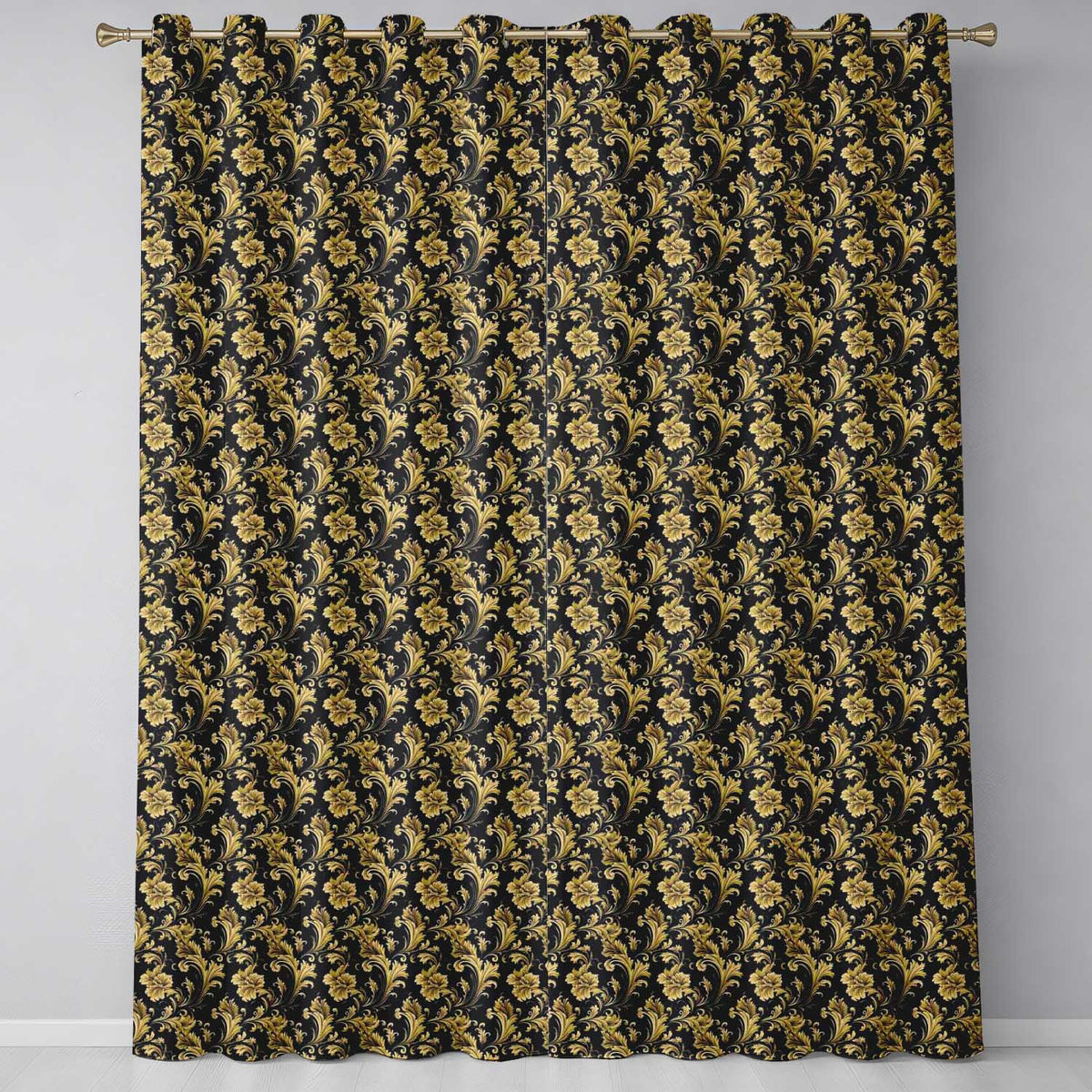 Rich Gold Black Floral Baroque Seamless  Luxury Vintage Ornamental Design  Readymade Eyelet Ring Top Thermal 100% Blackout Curtains
