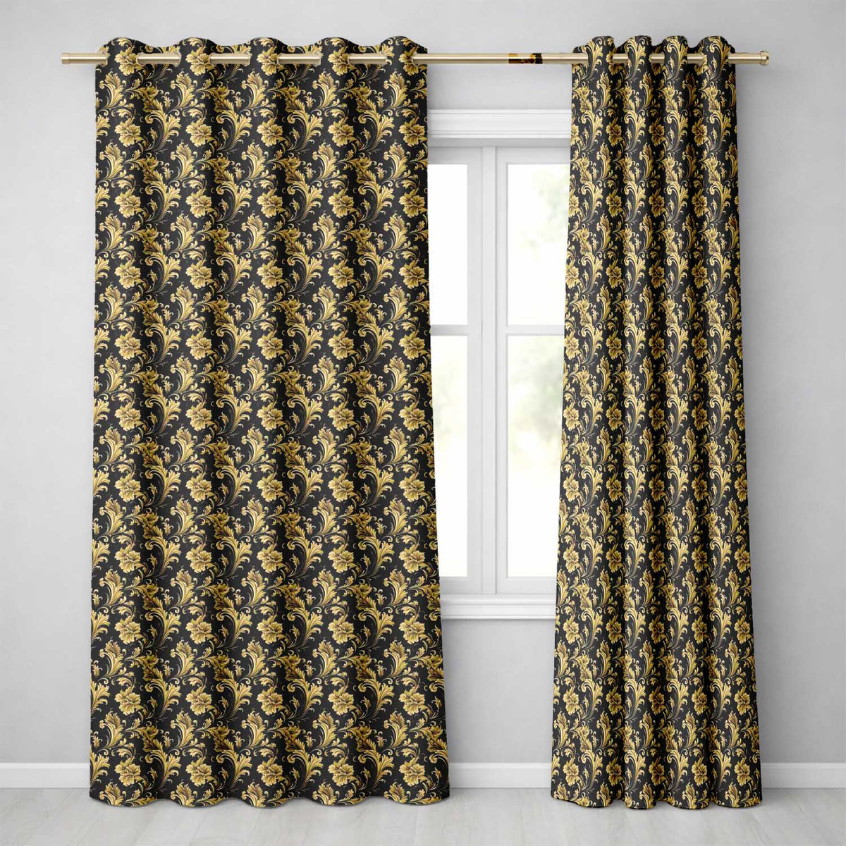 Rich Gold Black Floral Baroque Seamless  Luxury Vintage Ornamental Design  Readymade Eyelet Ring Top Thermal 100% Blackout Curtains